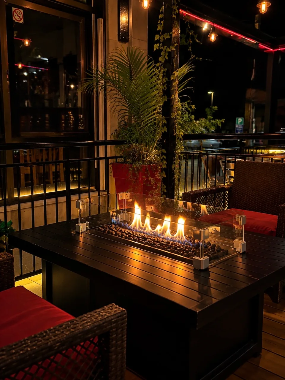 Fireplace and lounge seating on the patio